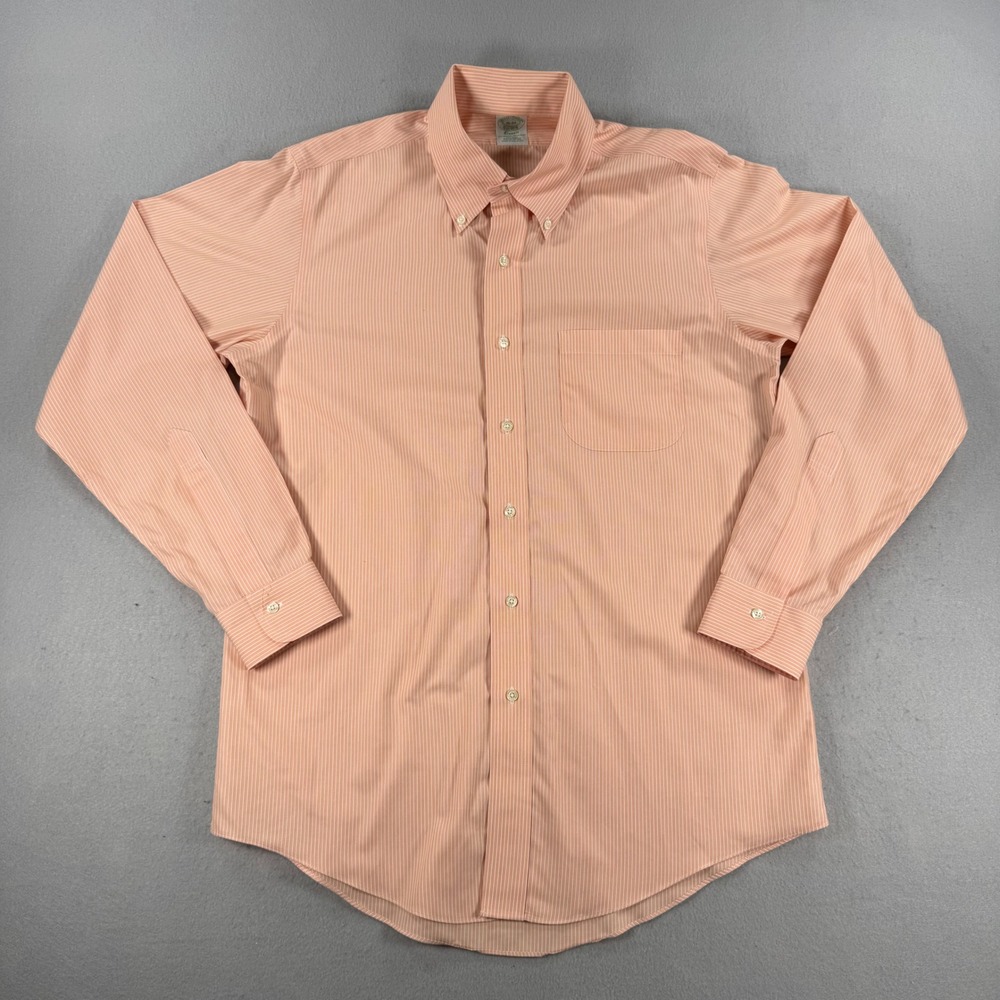 Brooks Brothers Mens 16-34 Classic Dress Shirt Peach Pinstripe Non-Iron Cotton